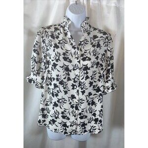 Ann Tylor Women’s Black /white Floral Print Ruffle Blouse Size S Officecore